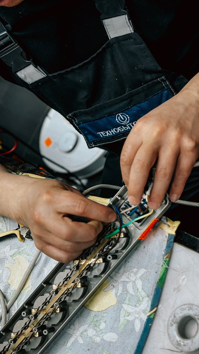 services-01 Close-up of a technician's hands working on electronic equipment wiring indoors.